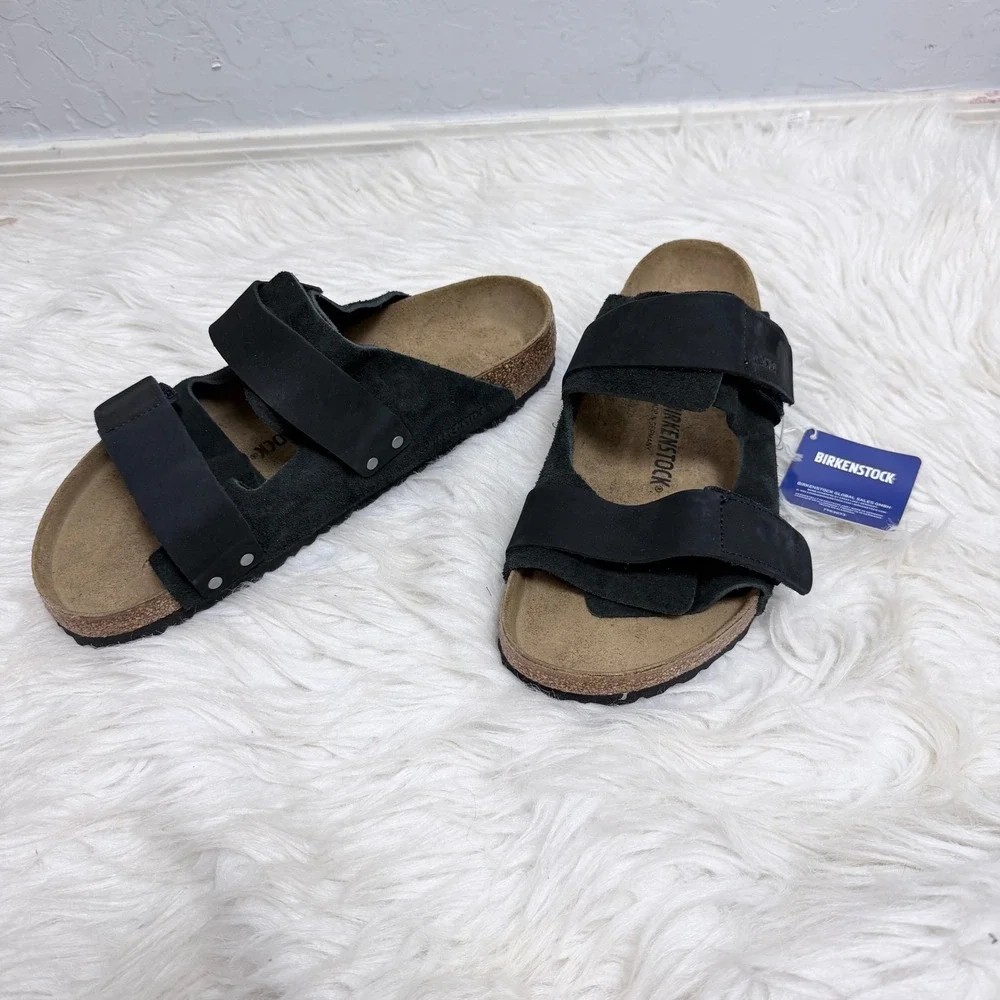 Birkenstock Uji Sandals Black Nubuck Suede Hook Loop Mens 45 12/12.5